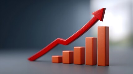 A red arrow shows a continuous upward trend over an orange bar chart symbolizing positive business growth and financial success
