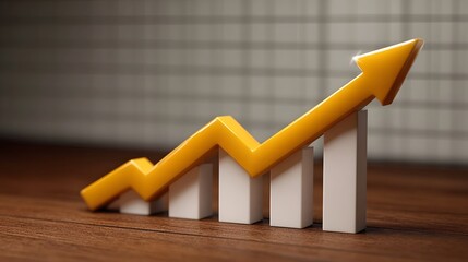 A 3D rendering of a bright yellow arrow ascending over white bars symbolizing business growth and financial success on a wooden desk