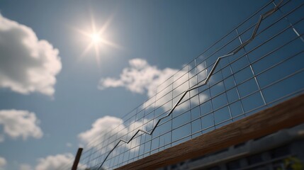 Ascending graph line on a wire fence against a bright sunlit sky