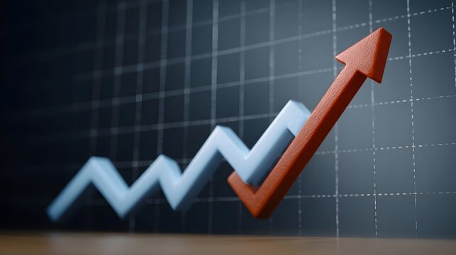 A red arrow representing strong growth trends upwards over a zigzagging blue data line on a grid - Powered by Adobe