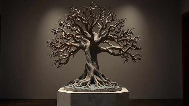 steadiness. A symbolic tree sculpture with intertwining roots and branches on a stone pedestal. gardening catalogs, home-decor guides, designed for home decor and floral branding, celebrates nature.