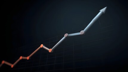 A 3D line graph illustrates a positive upward trend with glowing markers and an arrow symbolizing growth and progress against a dark grid