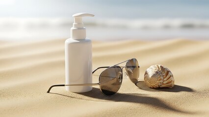 Sunglasses sunscreen and seashell on sandy beach by the ocean shore