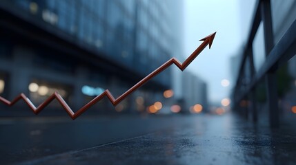 Red arrow graph indicating growth and success on a wet blurry city street at dusk