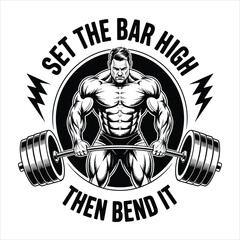 Powerful bodybuilder illustration holding a heavy barbell with inspirational gym workout message
