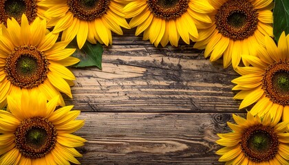 Vibrant sunflowers framing rustic wooden planks, creating a warm and inviting backdrop.