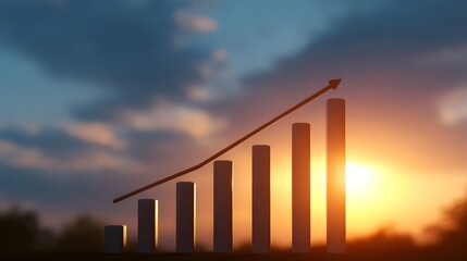 A bar chart showing an upward trend against a vibrant sunset sky symbolizing financial growth and success