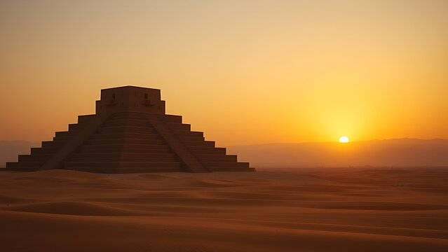 ziggurat. Massive stepped ziggurat in terracotta hues under a desert sunset, dominating the horizon. inspiring travel planning.