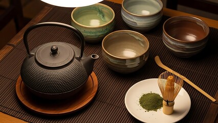 Traditional Japanese Tea Ceremony Setup with Matcha and Tea Kettle