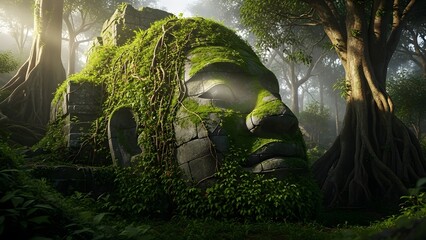 Ancient moss-covered stone head statue resting in a vibrant, sun-dappled tropical jungle, evoking a sense of mystery and forgotten history.