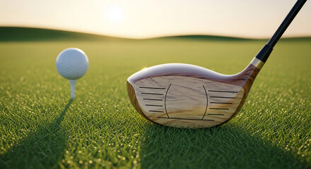 Golf club and ball on green grass, sunset background.  Image showcases golfing equipment, representing leisure, sport, and nature
