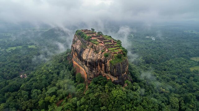 Misty Morning Aerial View of Ancient Sigiriya Rock Fortress and Lush Green Jungle Landscape in Sri Lanka