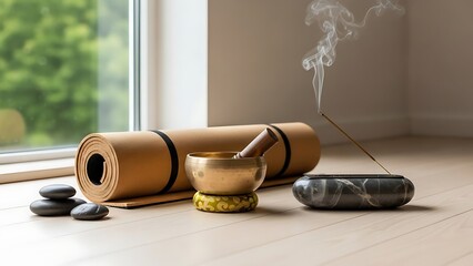 Yoga and Meditation Setup with Incense Singing Bowl and Stones on Wooden Floor