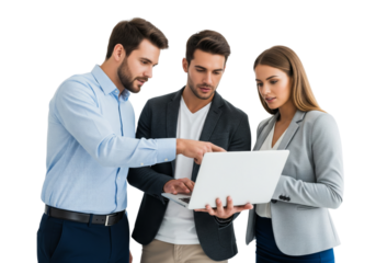 Business team working together on laptop isolated on white or transparent background