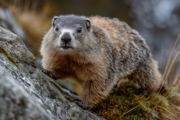 Groundhog standing on rock outdoors, looking directly ahead, symbolizing weather prediction and seasonal change