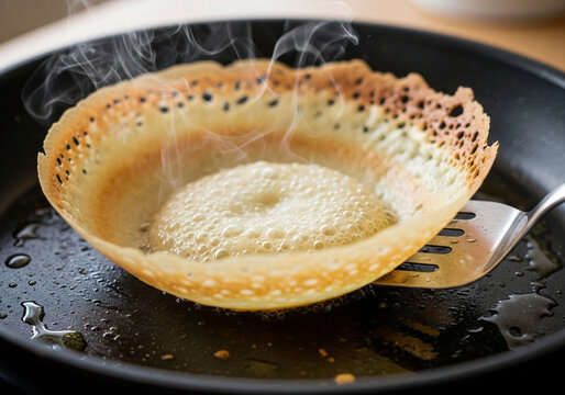 Authentic Sri Lankan Appam or Hopper Cooking in a Hot Pan with Steam, a Delicious Traditional South Indian Bowl-Shaped Pancake.