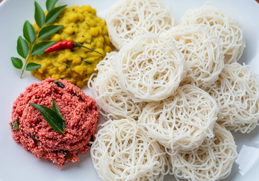 Traditional Sri Lankan String Hoppers (Idiyappam) served with flavorful Dhal Curry and Spicy Coconut Sambal on a white plate, a delicious and authentic breakfast.