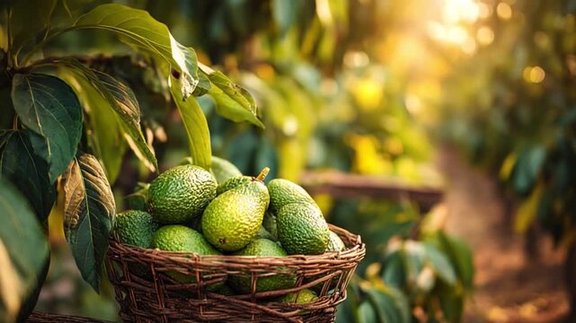 A rustic basket filled with fresh avocados, surrounded by lush green leaves, captures the essence of healthy eating and natural produce in a serene, sunlit orchard environment. - Powered by Adobe
