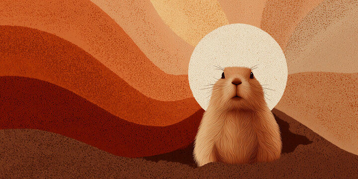 Groundhog emerging from its burrow, symbolizing weather prediction, new beginnings, and spring arrival against textured background copy space banner