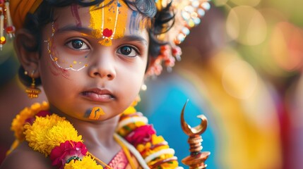 Thaipusam: young Tamil child in traditional festival attire for Thaipusam, face painted with sacred yellow and red tilaka, holding small decorative vel lance, innocent expression mixed with devotion