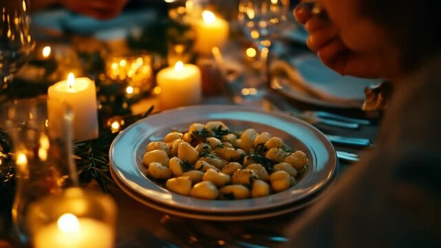 Close up of a gnocchi dish on a table illuminated by candles