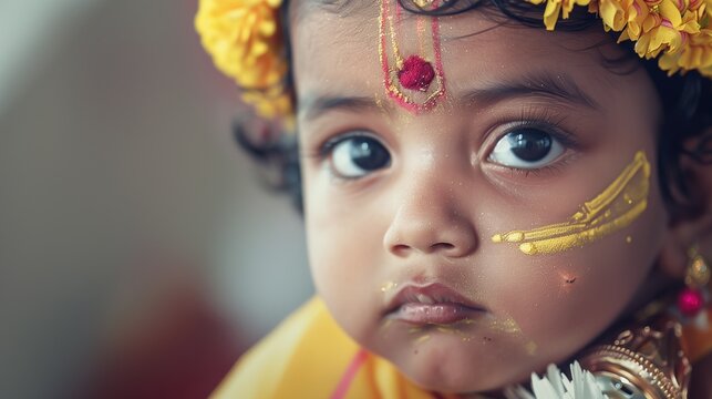 Thaipusam: young Tamil child in traditional festival attire for Thaipusam, face painted with sacred yellow and red tilaka, holding small decorative vel lance, innocent expression mixed with devotion