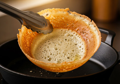 Close-up shot of a freshly made crispy hopper being removed from a pan with tongs, showcasing its unique bowl shape and delicate texture.