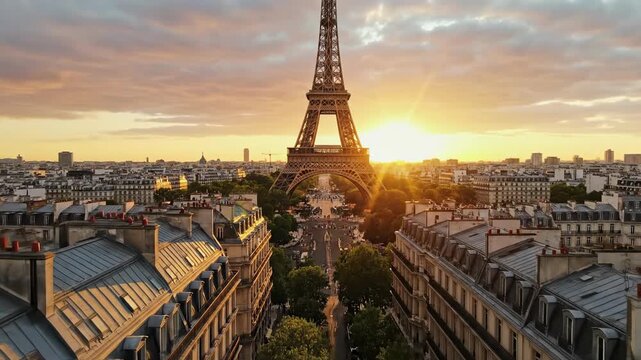 Parisian Sunset Panorama: A breathtaking view of the Eiffel Tower, the iconic landmark of Paris, bathed in the warm, golden hues of sunset, offering a stunning cityscape and romantic atmosphere.
