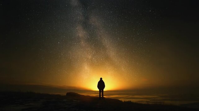 A solitary figure stands on a rocky outcrop, gazing at the breathtaking night sky filled with stars and the glow of the horizon, creating a serene and reflective atmosphere.