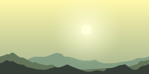 Fototapeta premium A serene landscape illustration features mountains in shades of green under a yellow sky with a bright sun. The image creates a peaceful and minimalist scene.