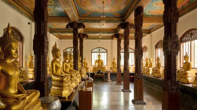 Rows Of Golden Buddha Statues Sit In A Temple Hall With Ornate Ceilings And Dark Wooden Pillars Illuminated By Natural Light