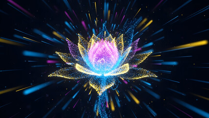 Abstract glowing lotus flower explosion with colorful light particles and rays on black background