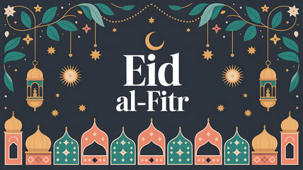 Eid al fitr celebration background with mosques and lanterns