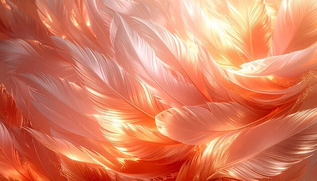 Abstract macro view of luxurious soft coral and peach pink feathers illuminated by bright golden sunlight creating a textured background