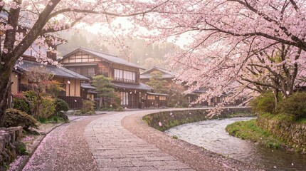 Peaceful spring scene in Japan featuring blooming sakura trees, traditional wooden houses and soft natural light. Romantic seasonal atmosphere symbolizing renewal, beauty of nature and Japanese