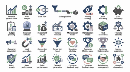 Business and Finance Icons Set Growth Strategy Efficiency and Management Concepts. EPS Editable