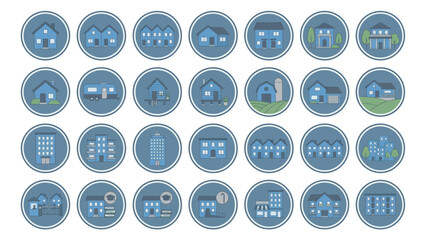 Collection of Blue House and Building Icons on White Background. EPS Editable