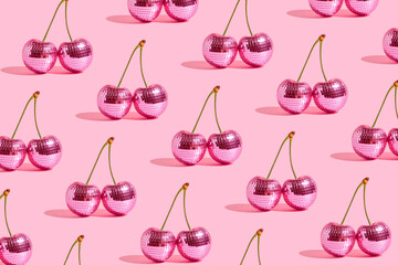 Seamless candy pink background with disco cherries pattern