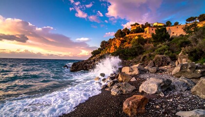 Coastal Serenity - Waves Crashing on Rocky Shore at Sunset.