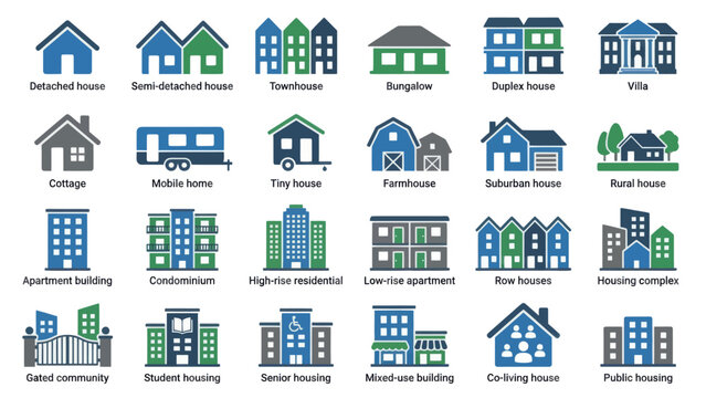 Collection of Diverse Building Icons Representing Various Housing and Architectural Styles. EPS Editable