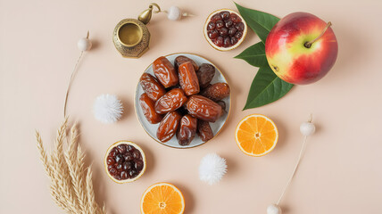 A ramadan iftar table setting with dates fruits and traditional foods