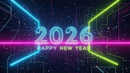 Happy new year 2026 glowing neon lights futuristic cityscape background