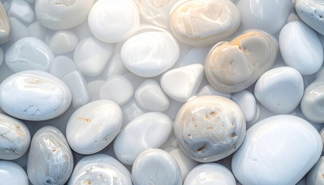 Detailed closeup texture of polished white river stones and pale gray pebbles glistening wet surface creating a tranquil natural spa background
