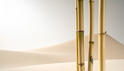 Vertical shot of lucky bamboo stems standing against a minimalist beige background with soft light and copy space ideal for spa or wellness concepts