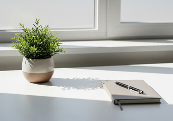 Minimal desk with plant and notebook