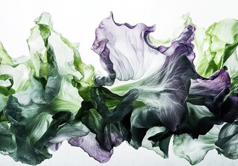 An artistic ink-in-water abstract with swirling green and purple fluid shapes on white background