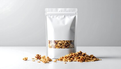 Granola packaging mockup with scattered granola on white surface.