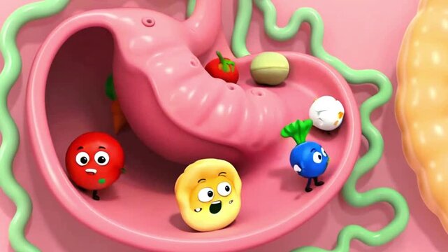 Cartoon Stomach with Cute Food Characters for Children&rsquo;s Digestive Education