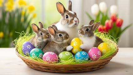 Group of rabbits with colorful eggs in a basket surrounded by flowers during springtime celebration