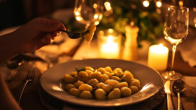 Close up of a plate with gnocchi lit by warm candlelight indoors